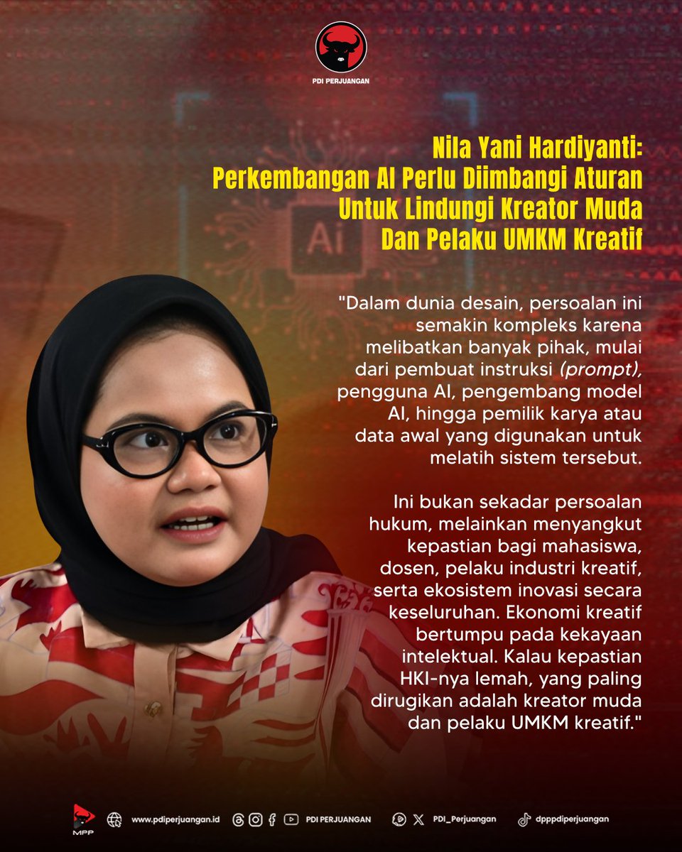 PDI_Perjuangan's tweet photo. Anggota Komisi VII DPR RI Nila Yani Hardiyanti menyoroti perkembangan Artificial Intelligence (AI) atau kecerdasan buatan memunculkan persoalan baru di bidang hak kekayaan intelektual (HKI), khususnya terkait kepemilikan dan hak cipta karya yang dihasilkan dengan bantuan AI. 

"Ini bukan sekadar persoalan hukum, melainkan menyangkut kepastian bagi mahasiswa, dosen, pelaku industri kreatif, serta ekosistem inovasi secara keseluruhan. Ekonomi kreatif bertumpu pada kekayaan intelektual. Kalau kepastian HKI-nya lemah, yang paling dirugikan adalah kreator muda dan pelaku UMKM kreatif," tegasnya.

#PDIPerjuangan
#MenangkanRakyat
#SatyamEvaJayate
#KebenaranPastiMenang
#SolidBerderap