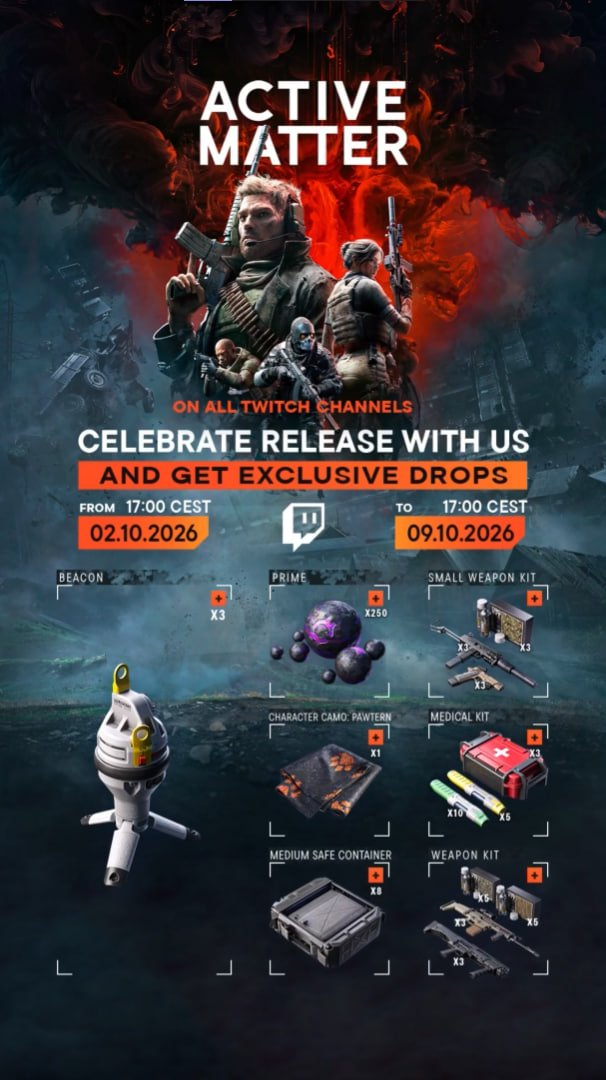 AerialZer0's tweet photo. Active Matter new Twitch Drops is Live!

Watch any Active Matter stream on Twitch

Runs October 2-9 https://t.co/bLXRZYn3rj