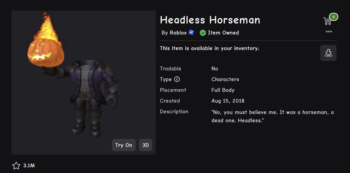 Kale_3D's tweet photo. 🎃Headless Horseman Giveaway! 🎃

Been a while since I did any sort of giveaway! 😅

To enter: 
- Like and RT ❤️
- Follow @Kale_3D 
- Comment: Headless!

#Roblox #RobloxDev https://t.co/7ReC181Cbs