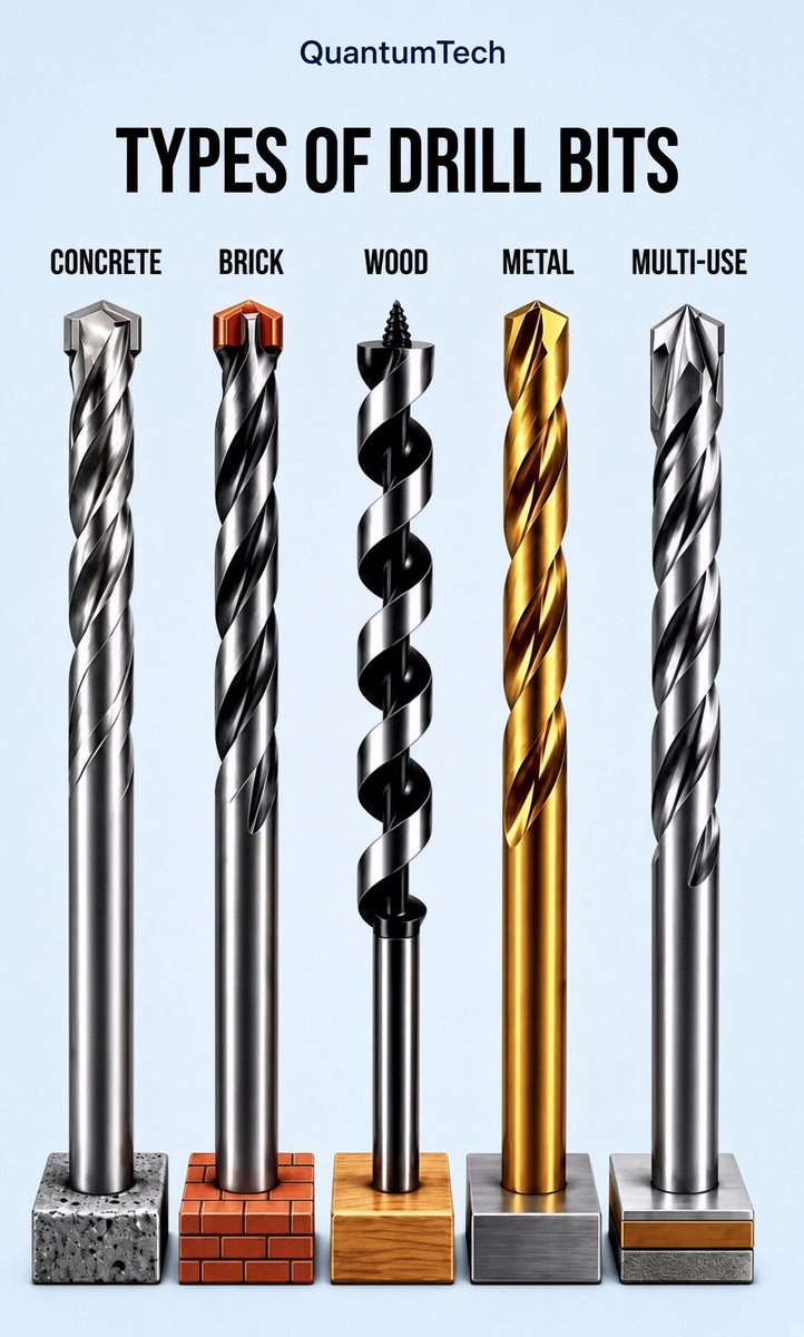 QuantumTech_X's tweet photo. The tip decides the job. 
Carbide for concrete and brick, auger for wood, gold for metal. Match it before you drill. https://t.co/5IowoGaJJL
