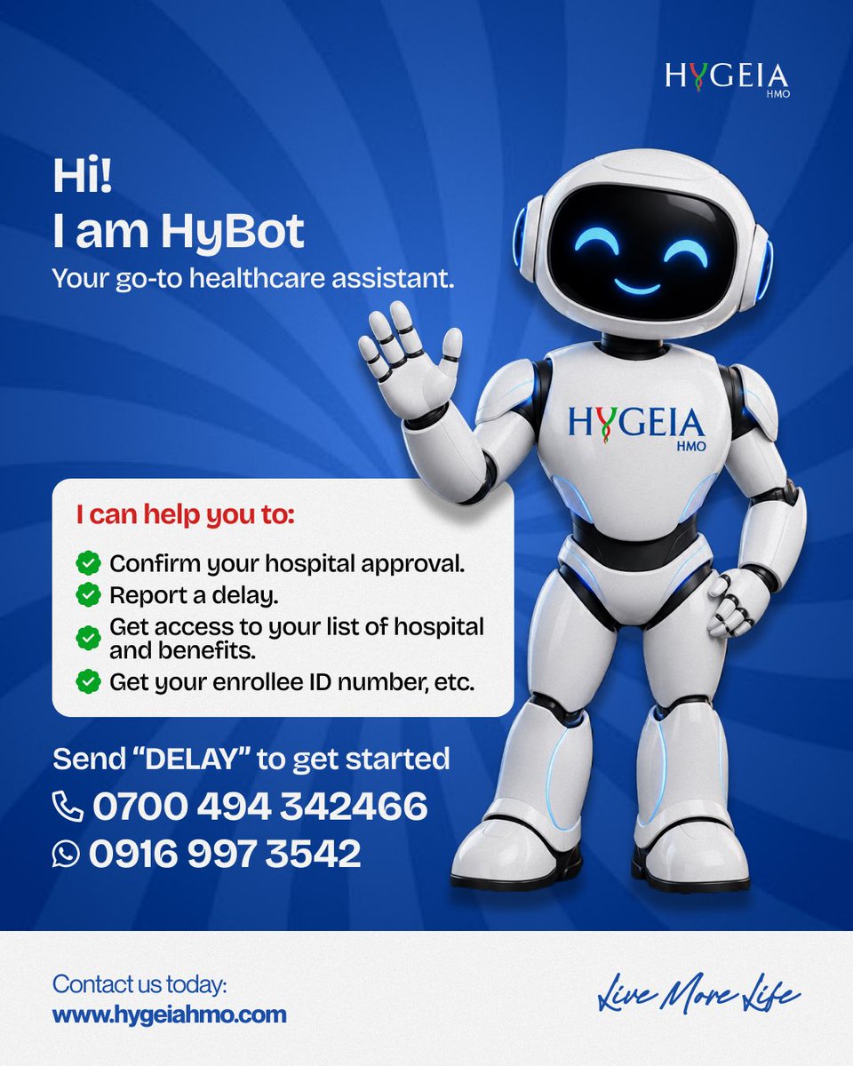 HygeiaHMO_'s tweet photo. Healthcare support, now just a message away. 💙

Need help navigating your healthcare benefits or getting the right information when you need it? HyBot is here to make things easier, faster, and more convenient.

Let’s make healthcare less stressful. #HygeiaHMO #HyBot #LiveMore https://t.co/EsF8j9OIK0