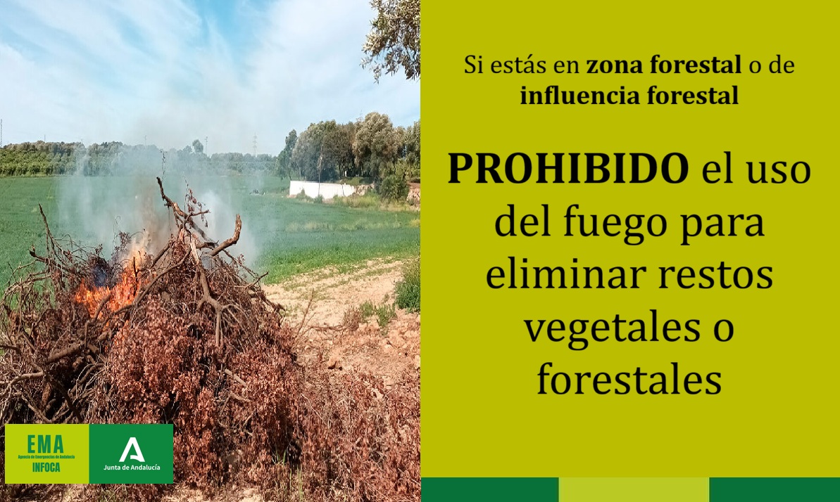 Plan_INFOCA's tweet photo. ⚠️ Queda menos, pero aún no está permitido. Recuerda que la quema de residuos vegetales o forestales está prohibida en zonas forestales o de influencia (franja de 400 m) hasta el 15 de octubre. 🔥❌ ¡Precaución! https://t.co/LsWDLUSKCV