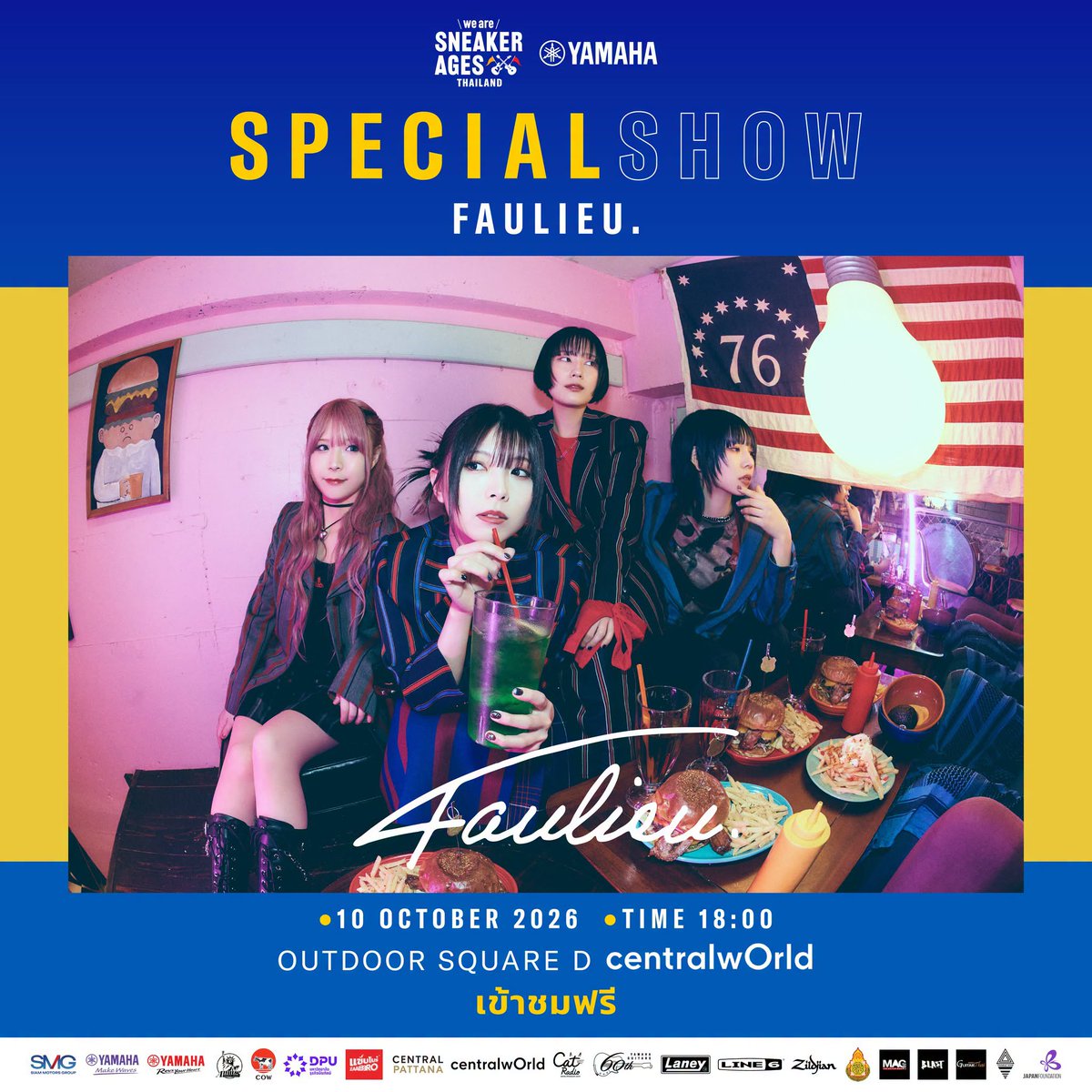 faulieu's tweet photo. /／
来週出演!! ✈️
10/10(土)「Siam Music Yamaha Presents, 
we are SNEAKER AGES Thailand Band Competition 2026」
\＼

#Faulieu. として初！
タイ バンコクでの公演🏖️
ぜひご注目ください!!!

🗓️10/10(土)
⏰Faulieu.の出演は【18:00~】
📍Outdoor Square D, Central World
🎫入場無料

▼詳細はこちら!!
https://t.co/pGThO5fStQ

#Faulieu.
#フォリュー