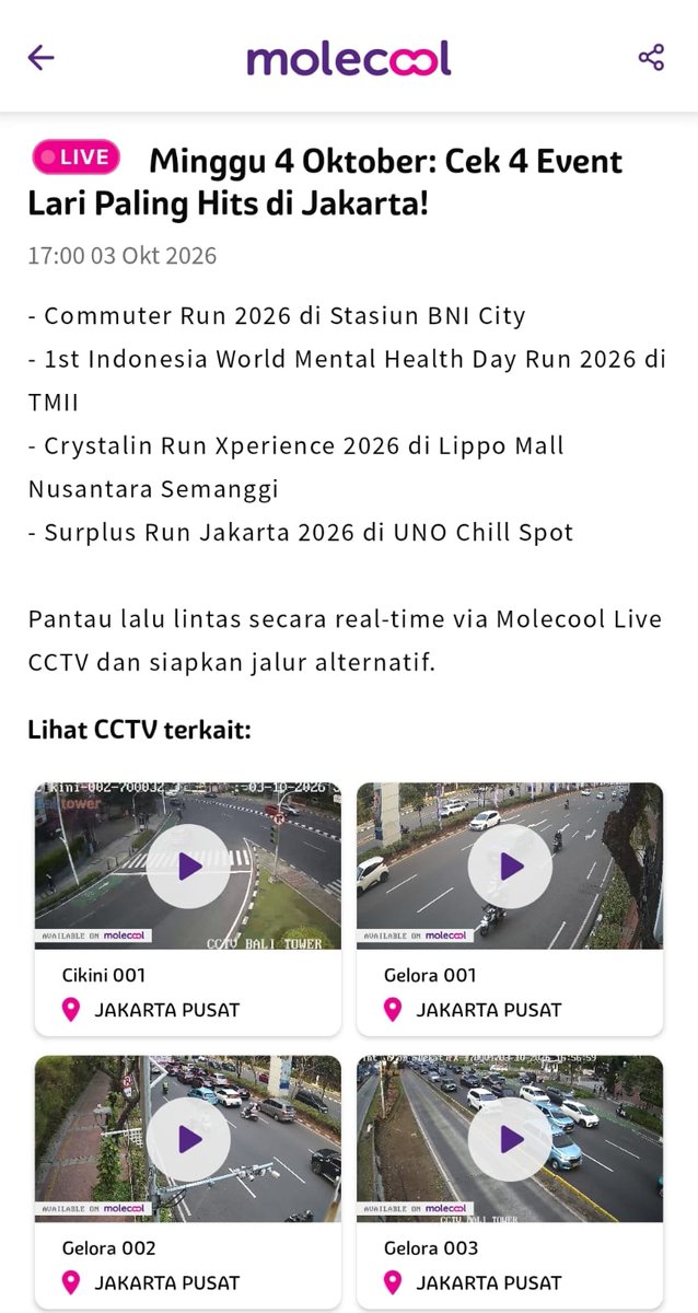 molecool_id's tweet photo. Minggu 4 Oktober: Cek 4 Event Lari Paling Hits di Jakarta!

Pantau lalu lintas secara real-time via Molecool Live CCTV dan siapkan jalur alternatif.
#EventJakarta #Molecool #TemanDiJalan
https://t.co/N6GcJOuiY8 https://t.co/bOnrL5jGYs
