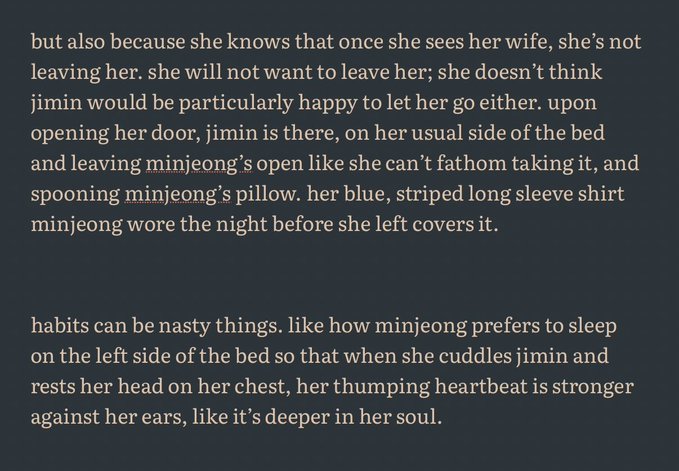 A text excerpt describing a scene with characters named jimin and minjeong, including details about minjeong's sleeping habits and preference for the left side of the bed.