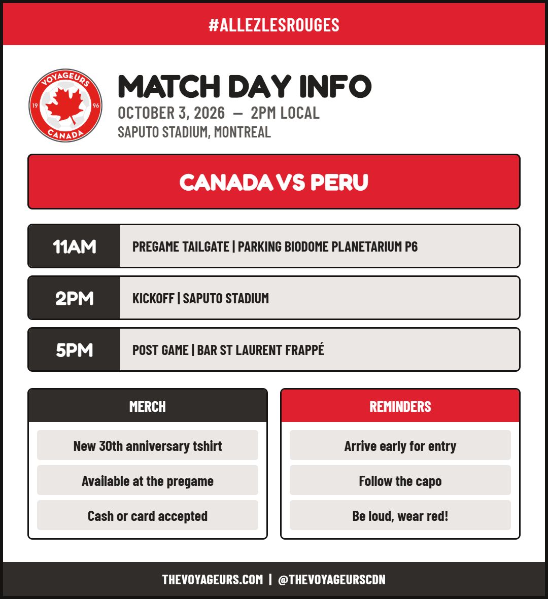 thevoyageurs's tweet photo. Jour de match à Montréal! Canada c. Pérou, samedi au Stade Saputo. Tailgate, match, après-match — on se voit là-bas. Portez le rouge! 

#AllezLesRouges #CANMNT

1/2 https://t.co/ABECPFEuAy