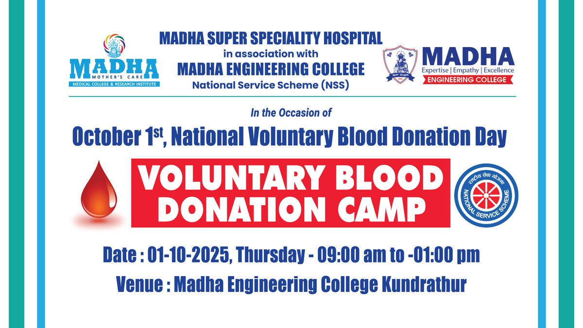 SMmcri's tweet photo. Voluntary Blood Donation Camp 🩸❤️
October 1, 2026
at Madha Engineering College

Madha Engineering College organized a Voluntary Blood Donation Camp to encourage the spirit of compassion, social responsibility, and community service among students and staff. https://t.co/ivtpszjmPR
