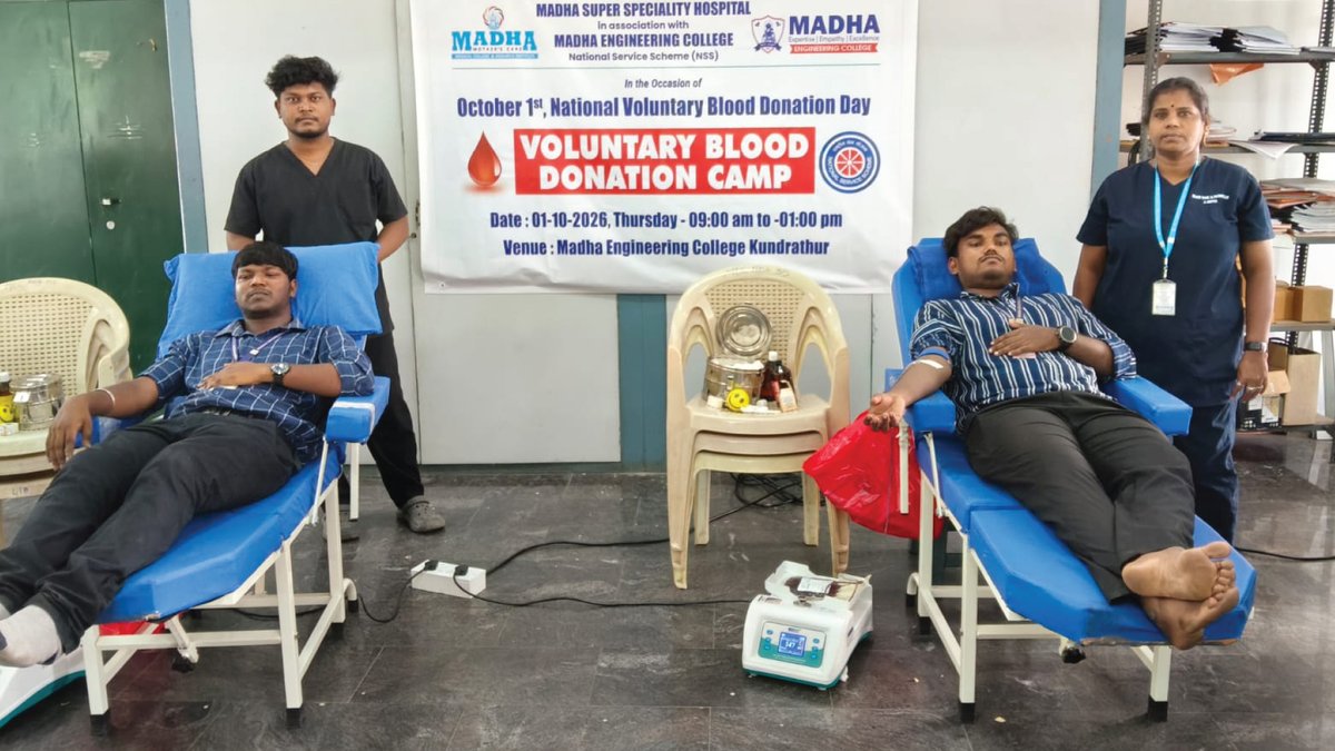 SMmcri's tweet photo. Voluntary Blood Donation Camp 🩸❤️
October 1, 2026
at Madha Engineering College

Madha Engineering College organized a Voluntary Blood Donation Camp to encourage the spirit of compassion, social responsibility, and community service among students and staff. https://t.co/ivtpszjmPR