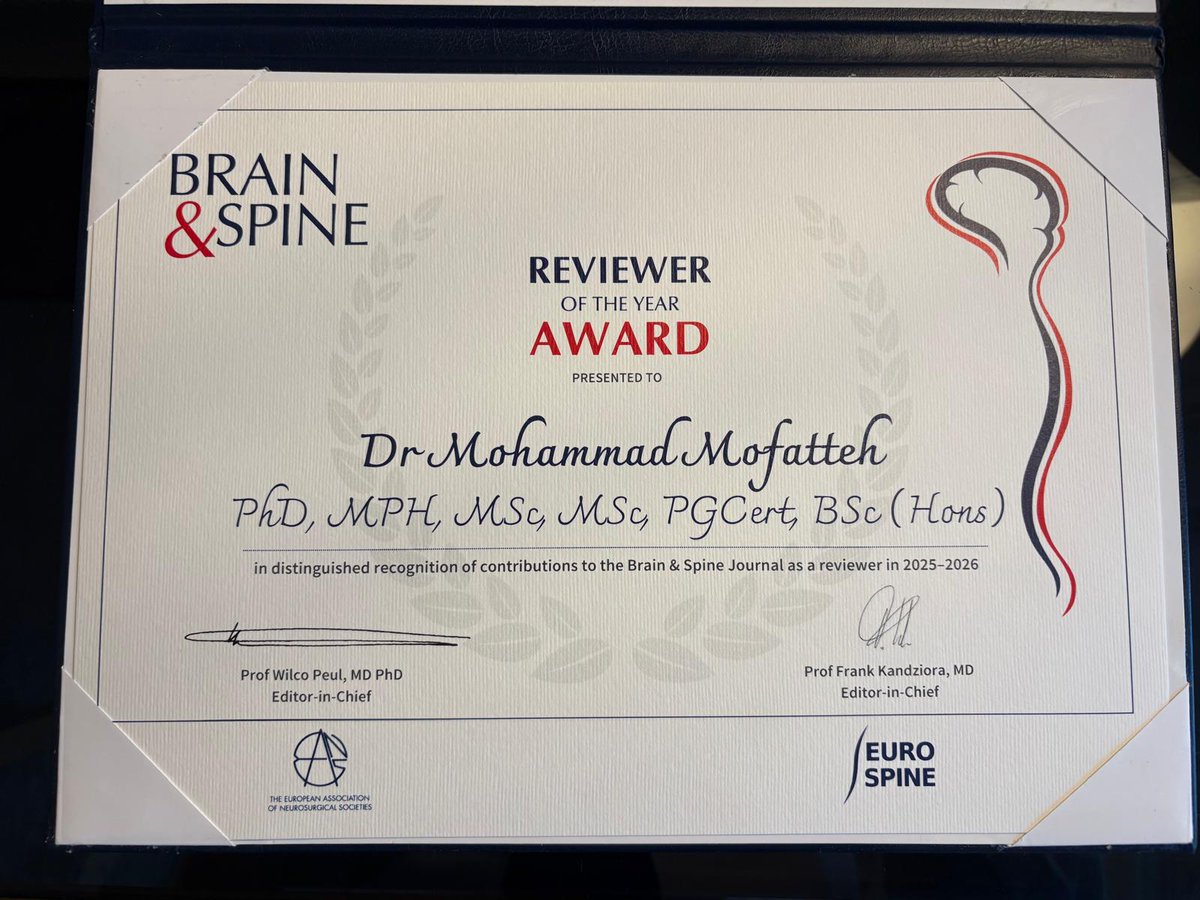 DrMofatteh's tweet photo. Tremendous honour to receive the Brain &amp; Spine Best Reviewer of the Year Award at #EANS2026 in Hamburg, presented by Editor-in-Chief Prof Wilco Peul and @EANSonline50 President Prof Francesco Sala. Grateful for the recognition and excited for what lies ahead!
#Neurosurgery #EANS https://t.co/FZGDaOXNpl