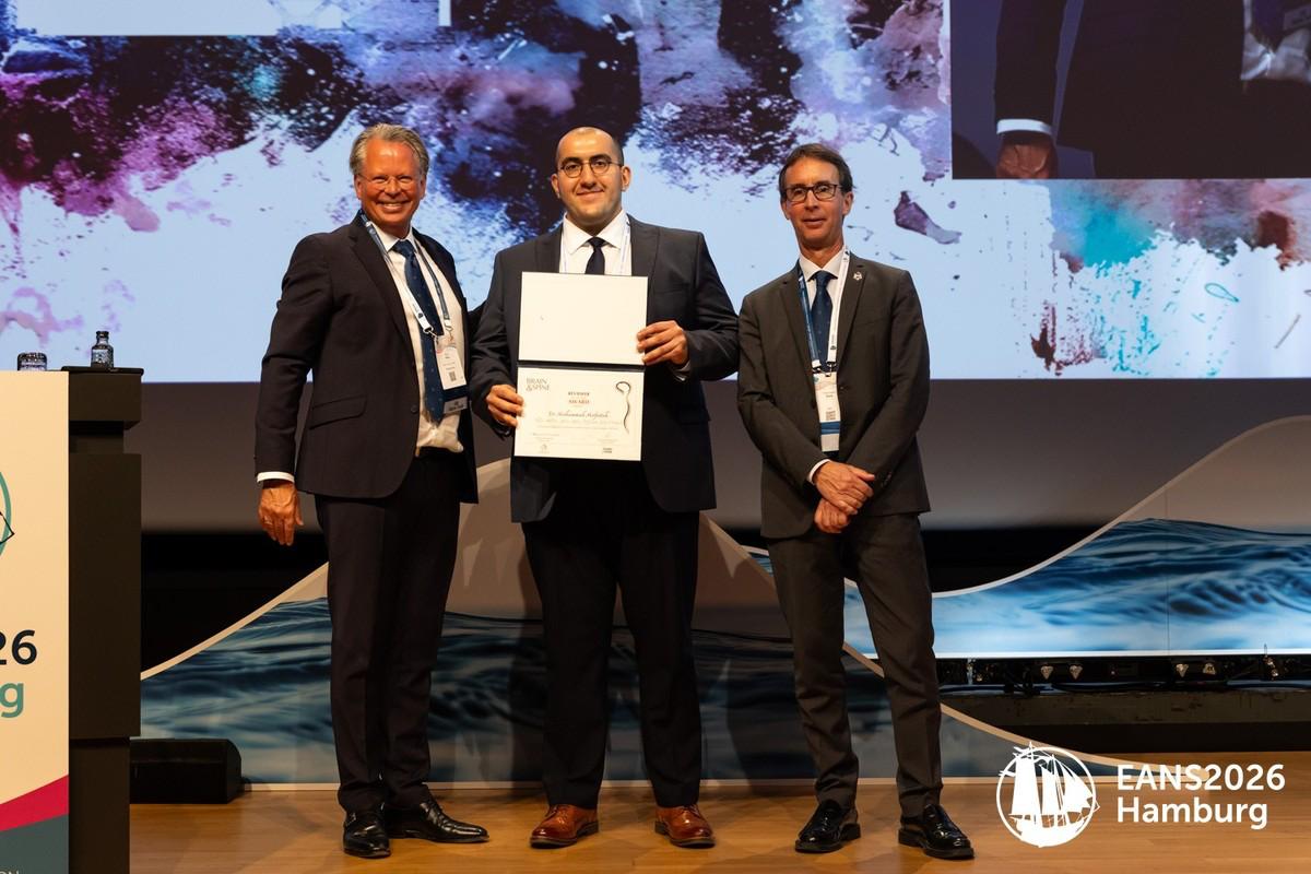 DrMofatteh's tweet photo. Tremendous honour to receive the Brain &amp; Spine Best Reviewer of the Year Award at #EANS2026 in Hamburg, presented by Editor-in-Chief Prof Wilco Peul and @EANSonline50 President Prof Francesco Sala. Grateful for the recognition and excited for what lies ahead!
#Neurosurgery #EANS https://t.co/FZGDaOXNpl
