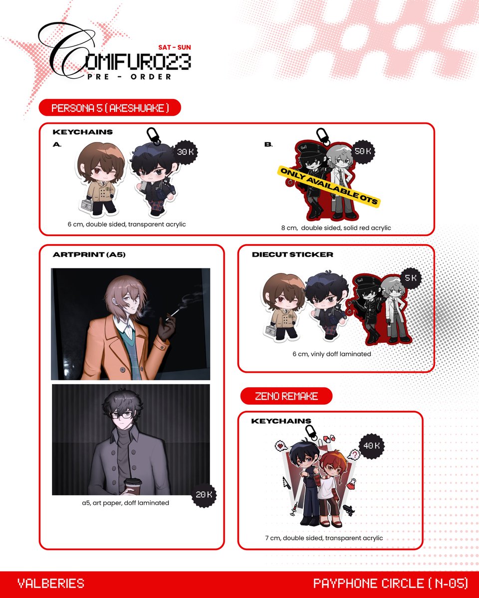 valberies's tweet photo. [↻+♡ ] are much appreciated!
valberies #CF23 Batch 2 PO &amp; Full Catalogue are open!

📆 PO period : Oct 3 - 7, 2026
📦 Pick-up Order
🔗 https://t.co/QEaI2INeVw

💝 fandoms : p5r, persona 3 &amp; 4, zeno remake, needy streamer overload, omori, no home 

#Comifuro23 #cf23catalogue https://t.co/tweHPoFgTk