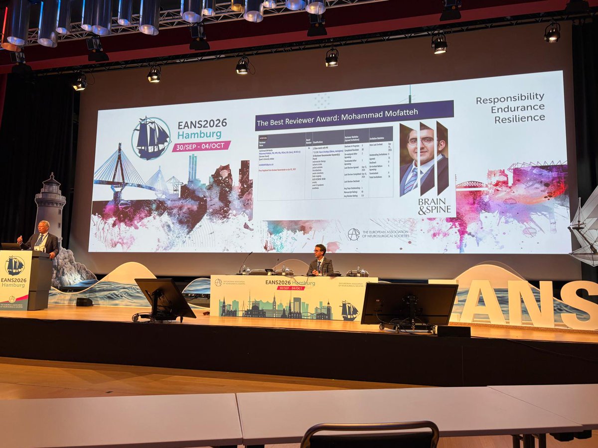 DrMofatteh's tweet photo. Tremendous honour to receive the Brain &amp; Spine Best Reviewer of the Year Award at #EANS2026 in Hamburg, presented by Editor-in-Chief Prof Wilco Peul and @EANSonline50 President Prof Francesco Sala. Grateful for the recognition and excited for what lies ahead!
#Neurosurgery #EANS https://t.co/FZGDaOXNpl