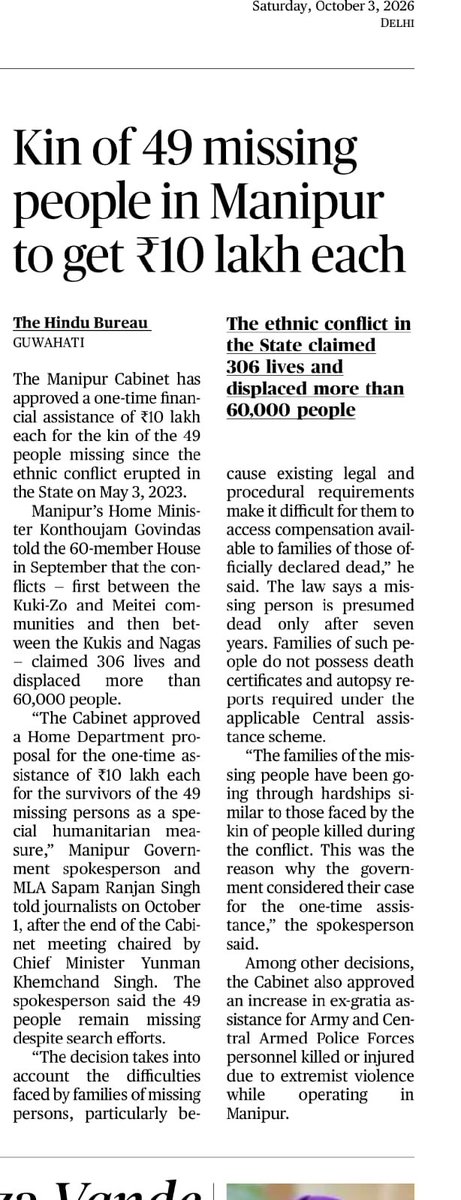 minkukizo's tweet photo. The shameless Government of Manipur, under the leadership of the weak @YKhemchandSingh, has announced one-time financial assistance of ₹10 lakh each to 49 Arambai Tenggol cadres killed in Khamenlok while they were attacking Kuki settlements in the area.

The justification provided by Home Minister @KonthoujamG is that they are “missing.”

Isn’t it surprising that, in a conflict that has disproportionately affected the Kukis, the so-called “missing” are only Meiteis?

Who are these “missing” Meiteis? Where did they go “missing” from? How will the Government ascertain that these missing persons are not Arambai Tenggol militants?

@volker_turk @vijaita @UNHumanRights @svensimon @USCIRF @India_NHRC @PMOIndia @HMOIndia @AmitShahOffice @USAmbIndia @EUAmbIndia