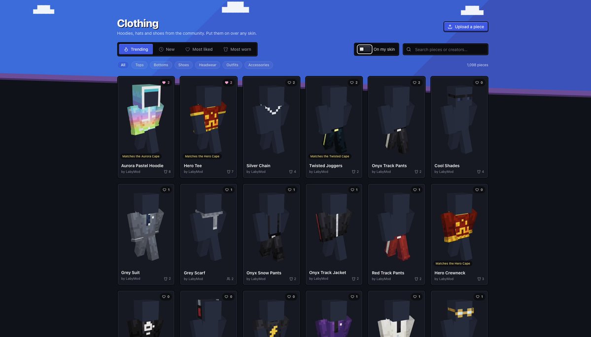 LabyMod's tweet photo. we just released our #Minecraft skin clothing gallery with already 1,000+ pieces 👕

you can preview every clothing piece on your own skin with one click and put it on in our 3D skin editor

if you're a creator/designer you can upload your own pieces and show them off on your profile

also there are matching clothes for every cape :)

https://t.co/QmeVpbSxsn