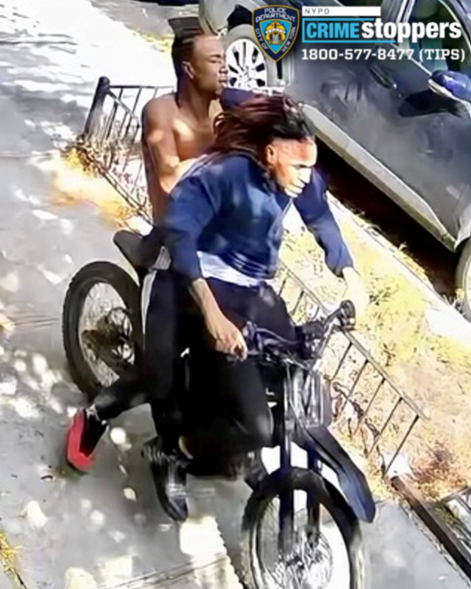 NYPDTips's tweet photo. 🚨 WANTED FOR ROBBERY: On Friday, October 2, 2026, at approximately 1:44 P.M., on the northwest corner of Rochambeau Avenue and East 208 Street, a 33-year-old male victim was approached by two unidentified individuals on a motorized bike. The two individuals stabbed and slashed the victim multiple times throughout the body and proceeded to forcefully remove the victim's chain from around his neck. The unidentified individuals then fled the location on the motorized bike, last seen traveling southbound on Rochambeau Avenue.

Anyone with information regarding this incident is asked to call the NYPD's Crime Stoppers Hotline at 1-800-577-TIPS (8477) or, for Spanish, 1-888-57-PISTA (74782). The public can also submit their tips by logging onto the Crime Stoppers website at https://t.co/2PvTmQgxad, on X @NYPDTips.