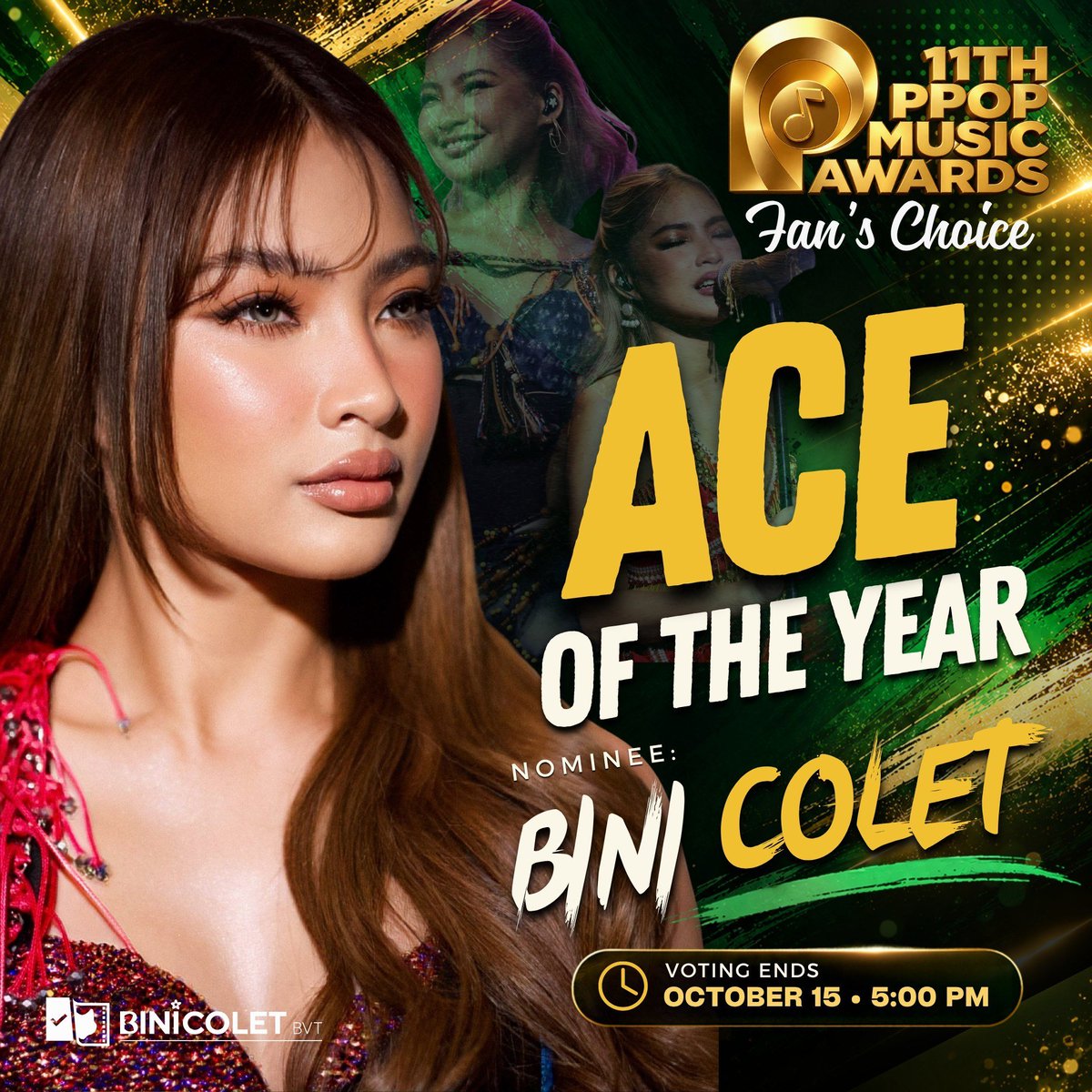 BiniColetBVT's tweet photo. No need to shuffle the card because the ace is already here 👑

📣 BINI COLET IS NOMINATED FOR "ACE OF THE YEAR"

🗳 JUANCAST - 11TH PPOP MUSIC AWARDS
📍ACE OF THE YEAR
📅 Voting Ends: Oct. 15 - 5:00PM

For pledges/donations, kindly DM us po. Any amount is greatly appreciated 🙏

For stars/account pledges, DM us po para maadd sa gdm 😊

PARA SA ATING NATION'S ACE!!! #ParaKayColet 💚💚

#11thPPOPMusicAwards
#AceOfTheYear #BINIColet
#BINI