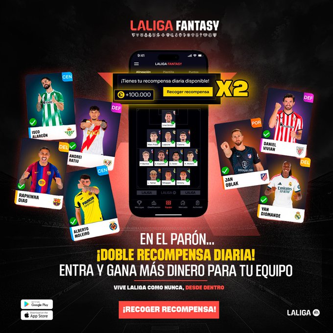 LaLigaFantasy's tweet photo. 💰 El mejor fichaje del parón es gratis.

🎁 Recoge tu DOBLE recompensa diaria y sigue haciendo crecer tu equipo.

📲 Entra, recógela y prepara tu equipo para la vuelta. https://t.co/B2gO1Ce4zm
