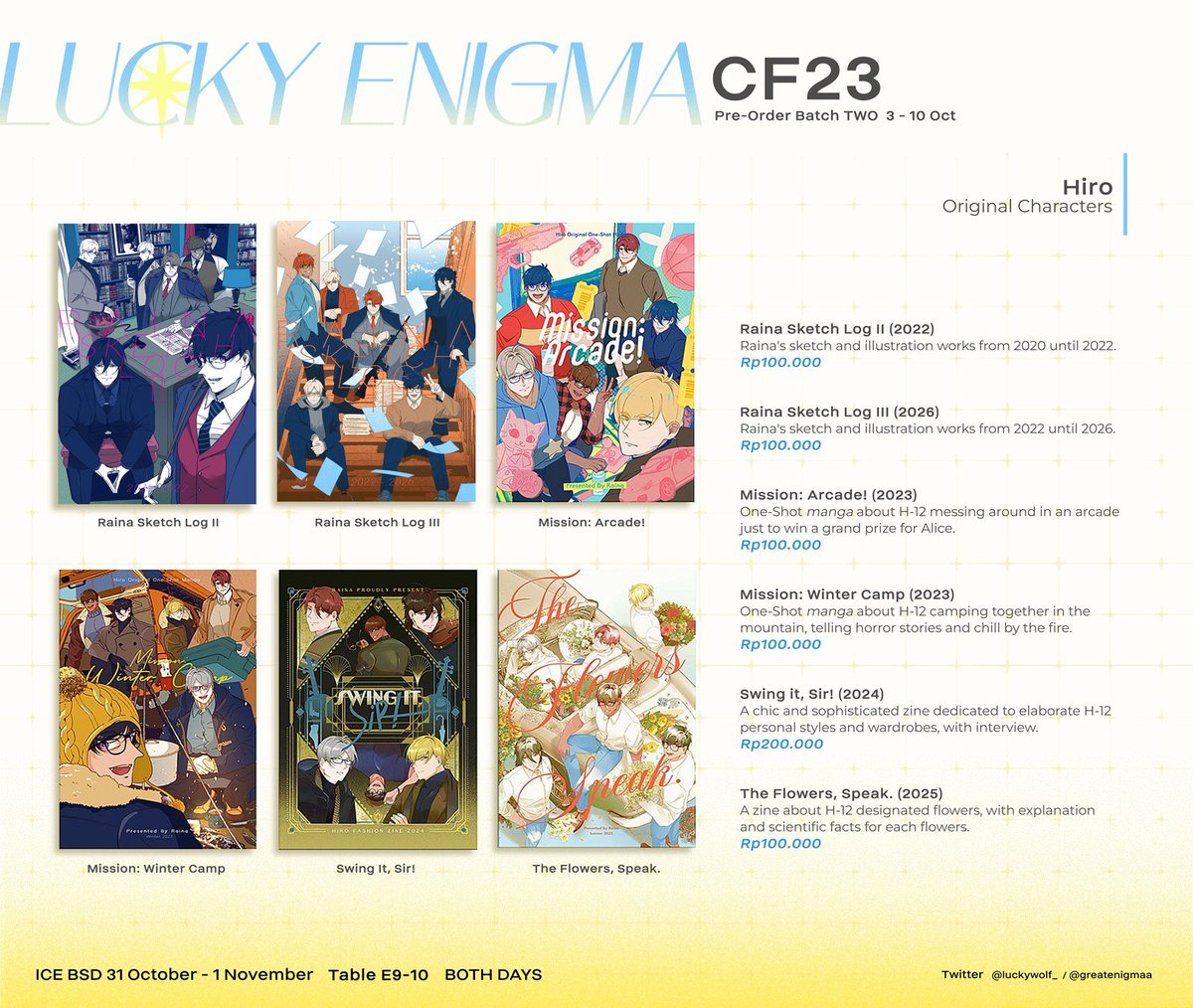 luckywolf_'s tweet photo. (RT 💖)
Hello! Me and @greatenigmaa's Batch 2 PO for #CF23 merch is open!

📅 Ends 10 October
🛒 Pick-Up OTS &amp; e-commerce ✅
✨ Original, Arknights, Reverse: 1999, Jaadugar, Hololive (Hoshimachi Suisei ☄️, ERB 💄)

(1/2)
#comifuro23

Link Form ⬇️ https://t.co/l7wtKzcuQw