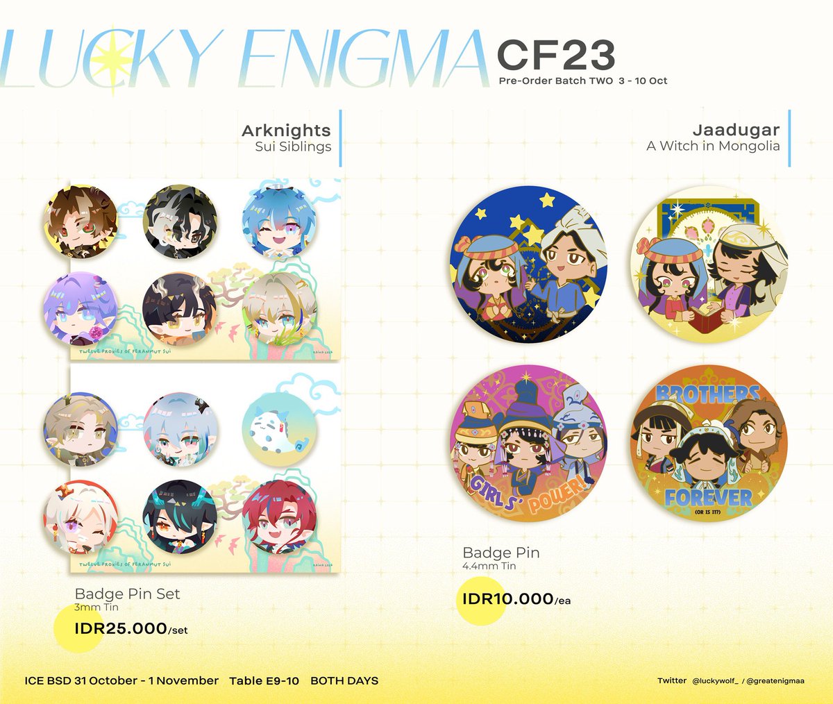 luckywolf_'s tweet photo. (RT 💖)
Hello! Me and @greatenigmaa's Batch 2 PO for #CF23 merch is open!

📅 Ends 10 October
🛒 Pick-Up OTS &amp; e-commerce ✅
✨ Original, Arknights, Reverse: 1999, Jaadugar, Hololive (Hoshimachi Suisei ☄️, ERB 💄)

(1/2)
#comifuro23

Link Form ⬇️ https://t.co/l7wtKzcuQw