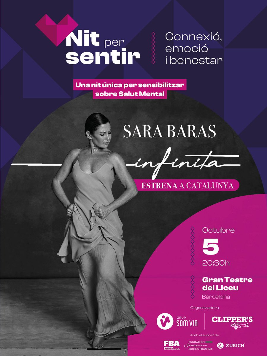 sarabaras's tweet photo. Este lunes 5 llevamos “Infinita” al @Liceu_cat (#barcelona) dentro de la Gala Benéfica: NIT PER SENTIR, una iniciativa de  @grupsomvia y @ClippersMusic

📅 5 oct
📍 Gran Teatre del Liceu
🧠 Semana de la #SaludMental

🎟️: https://t.co/Q6TJnZyeh4

#sarabarasinfinita @gtstalentspain https://t.co/km2XjnlDrj