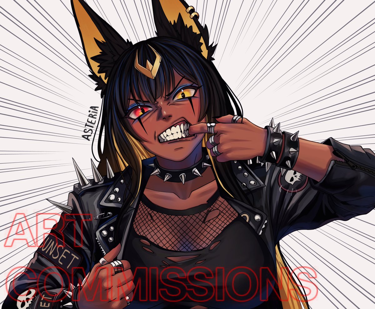 Asteri_a0's tweet photo. Finished commission! 🔥🖤
I absolutely loved working on this badass design!
#artcommission #commissionsopen #animeart #ocart #digitalart #punkart #characterdesign #artmoots https://t.co/6hJJ571Mrl