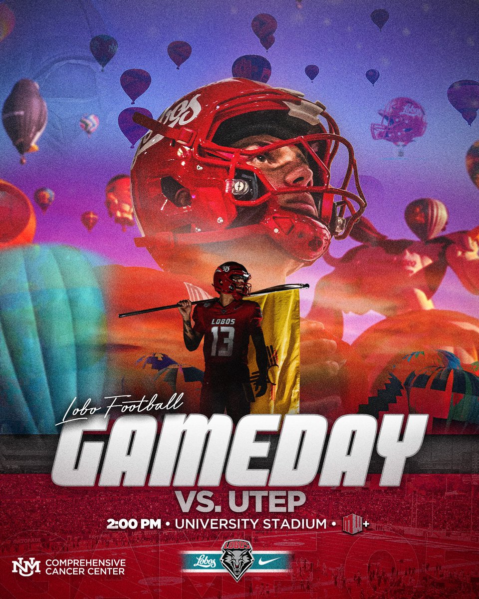 UNMLoboFB's tweet photo. Balloons in the sky. Lobos on the hunt.
π 2 p.m. MT
π University Stadium
ποΈ https://t.co/1pevcyQoH6
π https://t.co/ZroMj8jstC
πΊ https://t.co/UDWBmmtQtQ (MW+)
π» https://t.co/Q2PrgUAYoL
βΉοΈ https://t.co/CzAXMe5CU2 https://t.co/6QgNwf5MPo