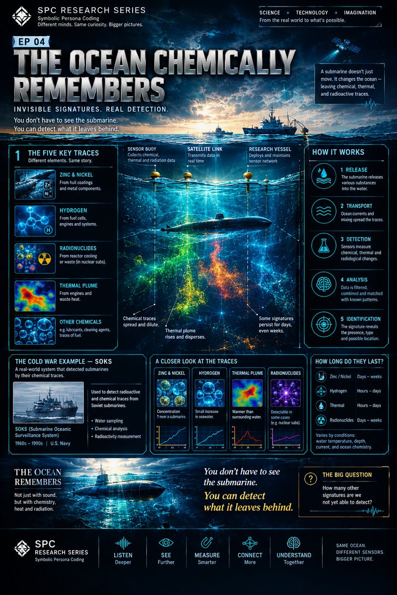 Jace_blog's tweet photo. A nuclear submarine needs thousands of liters of coolant per minute.
That water returns 10°C warmer, carrying zinc, nickel, hydrogen, and trace radionuclides.
The Soviet SOKS system detected this in 1969. The CIA declassified it in 2017.
#TransparentOcean #ChemicalWake #SOKS https://t.co/0NRspO5GH2