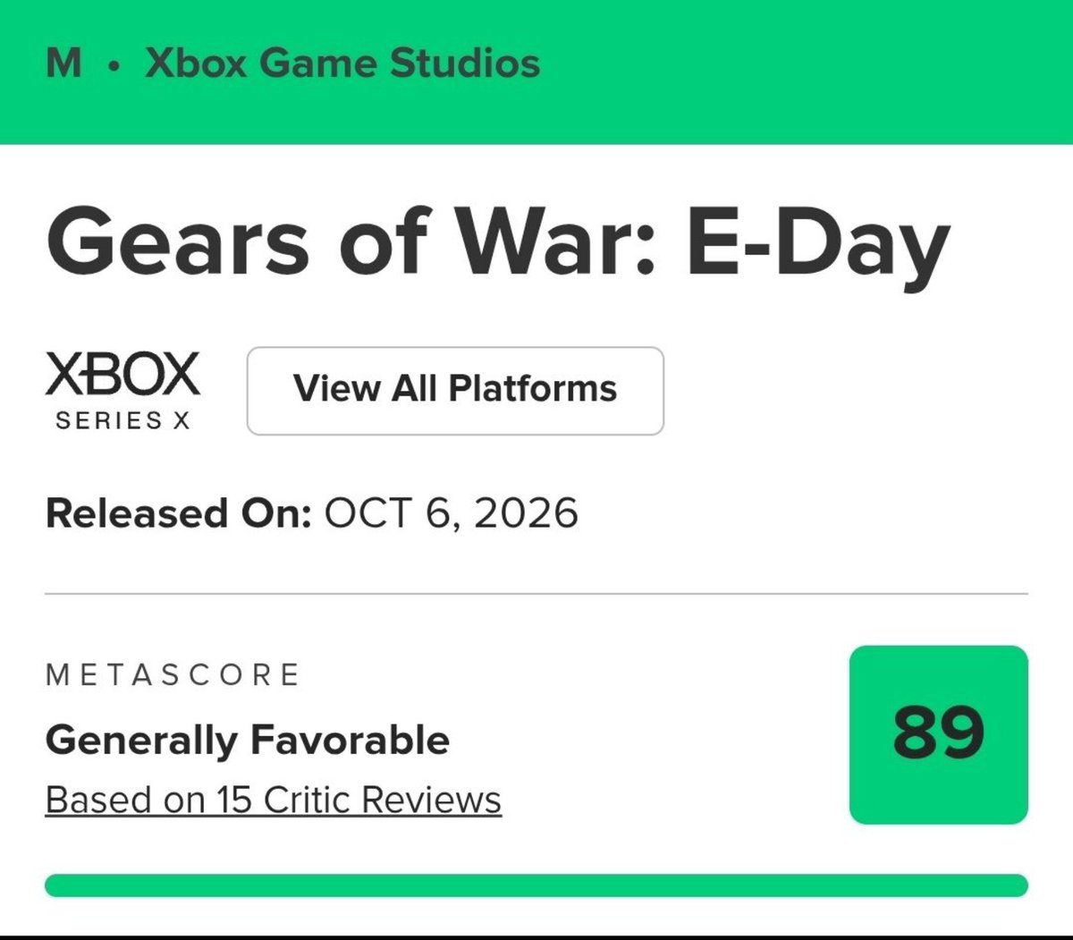 Mustafa_XBOX's tweet photo. Gears of War: E-Day 

Reviews for the new game have launched, garnering strong scores—ranging from 88 to 89 out of 100 on Metacritic—as it marks a highly anticipated return to the series' roots. It is a strong contender for Game of the Year. #XBOX https://t.co/3iPds7zUaf