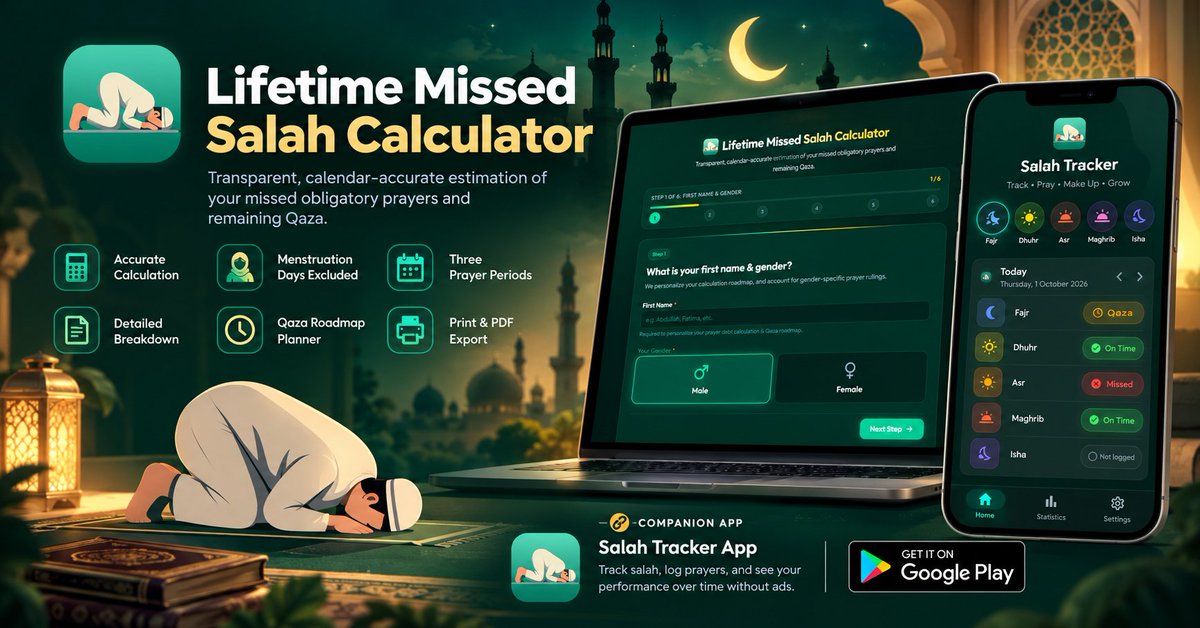 sahedalomsumit's tweet photo. 🌙 I built a Lifetime Missed Salah Calculator
🔗 Try the calculator: https://t.co/oorugg4XAe
#SahedAlomSumit #ProductDesign #ProductDevelopment #MissedSalahCalculator #QazaSalahCalculation #WebApp #PrayerCalculator #IslamicWebApp https://t.co/88tma0yp0p