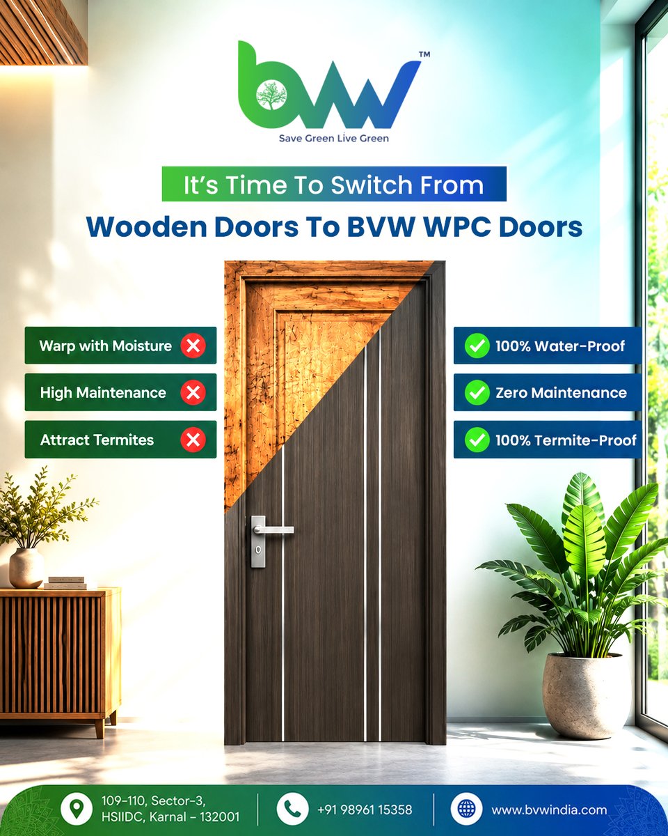 BvwIndia's tweet photo. 🚪 It’s Time to Switch from Wooden Doors to BVW WPC Doors!

Why settle for traditional wooden doors when you can upgrade to:

💧 100% Waterproof
🐜 100% Termite-Proof
🛠️ Zero Maintenance

Choose BVW WPC Doors for a smarter, long-lasting upgrade. 🌿

 #wpc #WPCDoor #wpcframes https://t.co/oL4IRZ5WaE