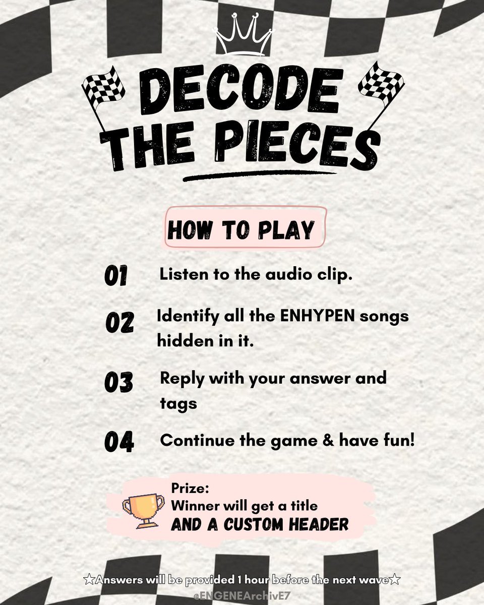 ENGENEArchivE7's tweet photo. 🎵 DECODE THE PIECES

3 songs.
1 audio clue.
Can you find every piece?

Reply with all the songs you recognize and tags!

P.S. It might get a little chaotic. 👀

HYBE PROTECT THE ARTISTS YOU PROFIT FROM
#SinceDayOne_ForENHYPEN
#ProvideProtection_BoycottHYBE https://t.co/gpfQKkXTqG