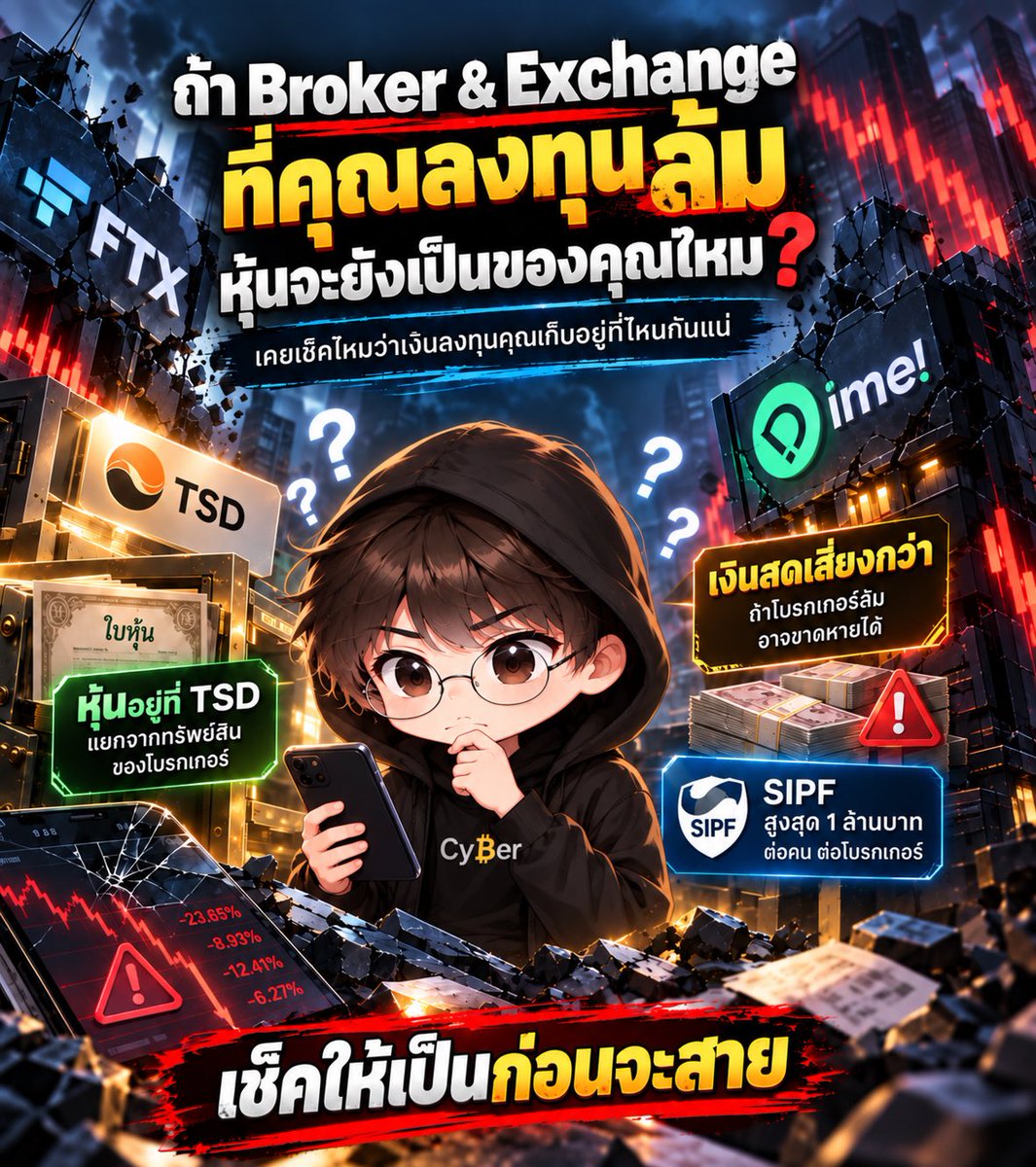 Cyber__trader's tweet photo. ถ้าตื่นเช้ามา เปิดแอปโบรกเกอร์ไม่ได้ ข่าวขึ้นว่า ก.ล.ต. สั่งระงับธุรกิจ 🚨

คำถามแล้วหุ้นที่เราสะสมมาหลายปี กับเงินสดที่พักไว้ในพอร์ต ตอนนี้ยังเป็นของเราอยู่ไหม?

ผมอยากให้ลองนึกภาพตามทีละขั้นครับ

วันที่ 1 โบรกเกอร์ถูกสั่งหยุดทำธุรกรรม เราซื้อขายไม่ได้ชั่วคราว ความตกใจเกิดขึ้นตรงนี้

แต่ความจริงคือ หุ้นไทยของเราไม่ได้เก็บอยู่ในโบรกเกอร์ หุ้นทั้งหมดฝากอยู่ที่ TSD (ศูนย์รับฝากหลักทรัพย์) ในบัญชีที่แยกเป็นของลูกค้า ไม่นับรวมกับทรัพย์สินของโบรก โบรกเกอร์เป็นแค่ "ตัวกลาง" ที่ส่งคำสั่งให้เรา

ขั้นต่อมาหุ้นจะถูกโอนย้ายไปยังโบรกเกอร์รายใหม่ อาจต้องรอขั้นตอนและเอกสารบ้าง แต่ตัวหุ้นยังเป็นของเราครบ

ส่วนที่ต้องระวังจริงๆ คือ "เงินสด" 😰

ตามกฎ เงินลูกค้าต้องแยกไว้ในบัญชีธนาคาร "เพื่อลูกค้า" ห้ามโบรกเอาไปใช้ แต่ถ้าโบรกทำผิดกฎแอบเอาเงินก้อนนี้ไปใช้ เงินอาจขาดหายได้จริง

ถ้าเกิดขึ้น ยังมี SIPF (กองทุนคุ้มครองผู้ลงทุนในหลักทรัพย์) ชดเชยให้ไม่เกิน 1 ล้านบาทต่อคนต่อโบรกเกอร์ แต่ต้องเป็นโบรกที่เป็นสมาชิก และต้องเข้าเงื่อนไข เช่น โบรกถูกศาลสั่งล้มละลาย ส่วนที่เกินจากนั้นต้องไปว่ากันต่อในชั้นศาล

ยกตัวอย่างเคสจริงที่เกิดขึ้นแล้วบ้างครับ

บล.เอเชีย เวลท์ (ไทย) ปลายปี 2565 ก.ล.ต. ตรวจพบว่าบริษัทย้ายเงินลูกค้า 154 ล้านบาทไปชำระค่าหุ้น MORE โดยลูกค้าไม่ได้อนุญาติ สุดท้ายถูกเพิกถอนใบอนุญาตในปี 2566 

จุดที่พังคือ เงินสดของลูกค้า
MF Global (สหรัฐฯ) ล้มละลายปี 2011 เงินลูกค้าหายไปราว $1.6B เพราะถูกนำไปใช้ปนกับเงินบริษัท ลูกค้าได้เงินคืนเกือบทั้งหมดในท้ายที่สุด แต่ต้องรอหลายปี

FTX (Crypto exchange) ล่มปี 2022 เงินลูกค้าถูกโยกไปใช้ในบริษัทในเครือ และ Crypto ไม่มีระบบคุ้มครองแบบ SIPF รองรับ ลูกค้าจำนวนมากติดค้างอยู่นานหลายปี ซึ่งผมก็เป็น 1 ในผู้เสียหายในเหตุการณ์จริงด้วย

ในฐานะเพื่อนนักลงทุน นี่คือสิ่งที่ควรเช็คก่อนเลือกโบรกเกอร์

1. ได้รับใบอนุญาตจาก ก.ล.ต. จริงไหม เช็คได้บนเว็บไซต์ ก.ล.ต.
เป็นสมาชิก SET และ SIPF หรือเปล่า
อย่าพักเงินสดก้อนใหญ่ทิ้งไว้ในพอร์ตนานๆ ถ้ายังไม่ใช้ ให้ถอนกลับบัญชีตัวเองจะเซฟสุด

2. รู้ว่าบัญชีของเราเป็นแบบไหน บัญชี Cash balance กับ Credit balance (Margin) ต่างกัน ในบัญชี Margin หุ้นของเราถูกใช้เป็นหลักประกันด้วย

3. พยายามตรวจยอดหุ้นกับ TSD โดยตรงเป็นระยะ อย่าเชื่อแค่ตัวเลขในแอป ส่วนถ้าลงทุนหุ้นต่างประเทศผ่านแอป ให้เช็คว่าหุ้นฝากไว้ที่ Custodian ไหน ประเทศอะไร และคุ้มครองแบบไหน เพราะไม่อยู่ใต้ SIPF ของไทย

ในฐานะที่ปรึกษาการเงิน ผมมองว่าหลายคนใช้เวลาหลายชั่วโมงเลือกหุ้น แต่ใช้เวลาไม่ถึง 5 นาทีเลือก "ที่เก็บหุ้น" ทั้งที่ความเสี่ยงของตัวกลาง (Counterparty risk) เป็นสิ่งที่เราควบคุมได้ง่ายที่สุดและเกิดขึ้นได้จริง

หุ้นเลือกผิดยังแก้ได้ แต่ที่เก็บเงินเลือกผิด บางครั้งแก้ไม่ได้เลยนะครับจากประสบการณ์จริง

แล้วเพื่อนๆ เคยเช็คไหมว่าโบรกที่ใช้เก็บหุ้นและเงินสดของคุณไว้ที่ไหน? คอมเม้นบอกกันได้นะครับ 👇

#ลงทุน #หุ้น #โบรกเกอร์ #การเงิน