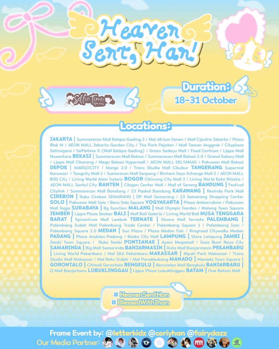 letterkidz's tweet photo. — ♡ ໒꒱ ☁
𝗣𝗵𝗼𝘁𝗼𝗯𝗼𝗼𝘁𝗵 birthday event for 𝗟𝗲𝗲𝗵𝗮𝗻
by @letterkidz @coriyhan @fairydazz
໒꒱ @selfietimeid 18 - 31 Oct
check pic to see the locations!
♡ sent from heaven, stayed in hearts
#HeavenSentHan
#BlessedWithIhan https://t.co/0XZQvpay7m
