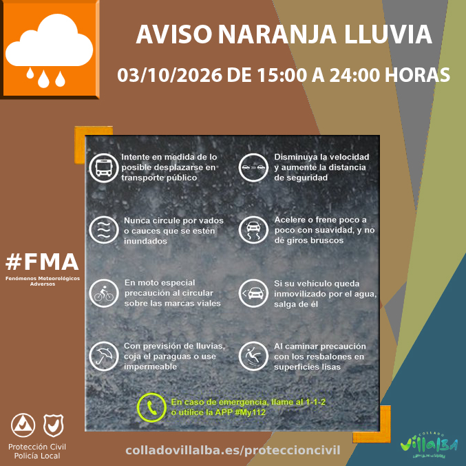 EmergenciaCV's tweet photo. 🟠 Activo aviso naranja por lluvia intensa, 🟡 y avisos amarillos por lluvia acumulada y tormentas, de 15 horas a 24 horas de hoy sábado.

🌧️ Aviso naranja por lluvias intensas, con precipitaciones de 30 l/m2 a la hora.

🌧️ Aviso amarillo por lluvias acumuladas, con precipitaciones de 40 l/m2 en 12 horas.

⛈️ Aviso amarillo por tormentas, con posibilidad de granizo.

ℹ️ Más información y consejos a tener en cuenta en las imágenes.

#FMA ⚠️