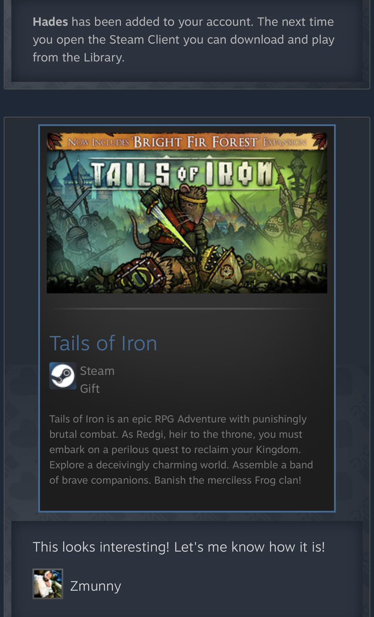 cskiles's tweet photo. Wow! Thank you, @OGZmunny of @BigLipRadio for these amazing Steam game gifts! Two games off of my wishlist and cannot thank you enough.

This community never ceases to amaze me.

✌🏻❤️ https://t.co/mhUegAsAWb