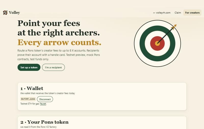 volleyrh's tweet photo. building in public 🏹

the Volley app got its new look:

→ route your Pons creator fees to any X account, split up to 8 ways
→ recipients claim by logging in with X
→ one confirmation to set it all up
live on testnet. mainnet after review. https://t.co/9lDoZRdu6k