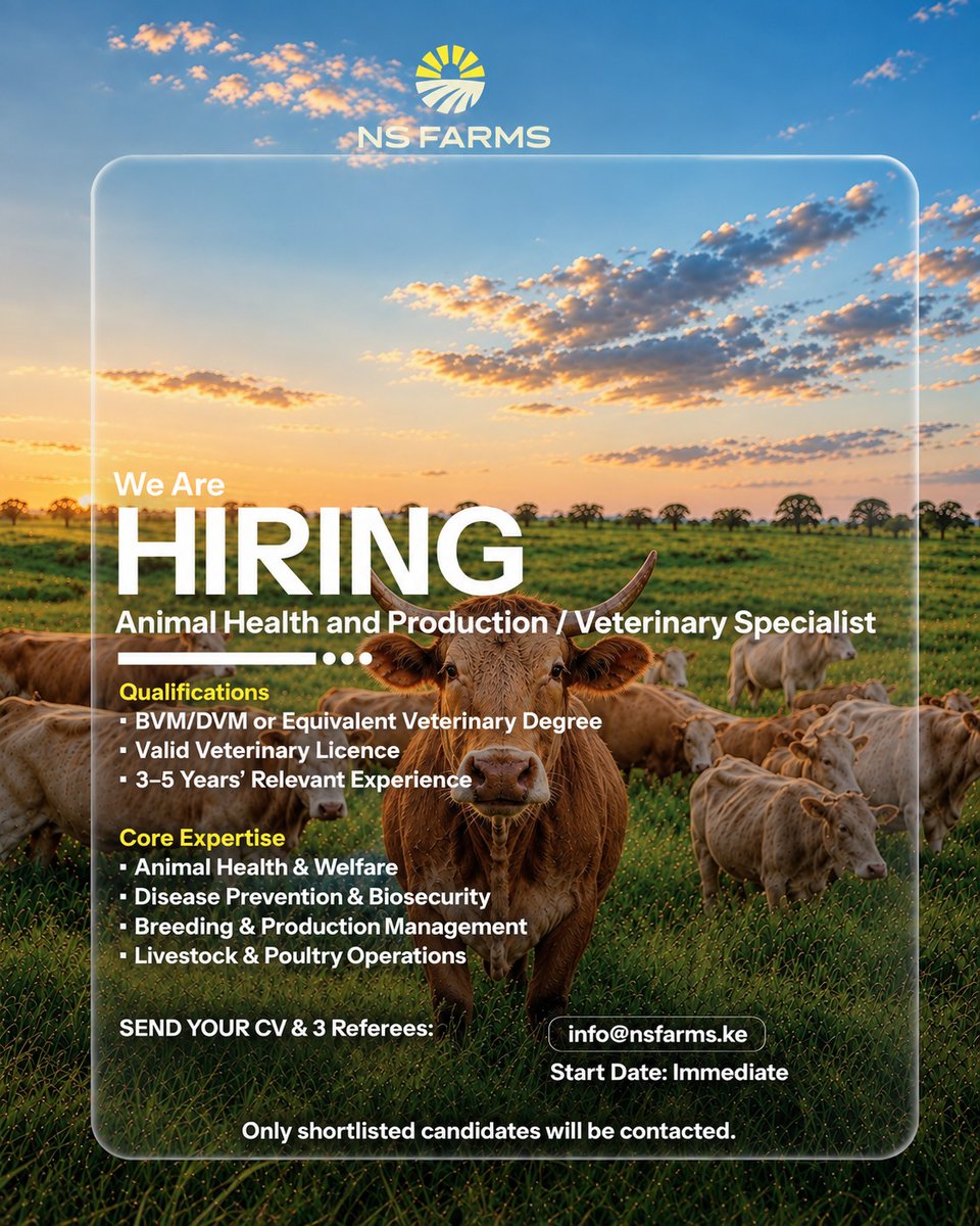 ns93315's tweet photo. We’re hiring! NS Farms seeks an Animal Health &amp; Production / Veterinary Specialist to lead animal health, disease prevention, biosecurity and welfare.

📍 NS Farms | Full-Time
📩 info@nsfarms.ke
#NSFarms #VeterinaryJobs https://t.co/NvcFrmTtaK