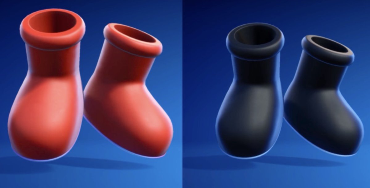 Fort416406's tweet photo. Tomorrow (October 4th) marks exactly 1 year since the MSCHF Big 'Black' Boots variant first dropped in Fortnite. Both the Red and Black Big Boots haven't been seen in the shop since March 9th, 2026 making it over 200 days since they last rotated through. When will they come back? https://t.co/Fs94itZjbP