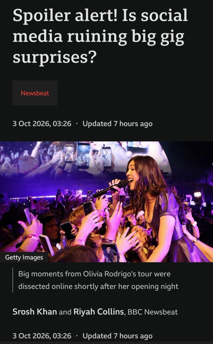 EvilRobotMe's tweet photo. @BBCNews here with an article about online spoilers ruining gigs for people, then doing exactly that in their related stories list at the bottom of that same article. 🤦🏻 https://t.co/O55VP4VMbf