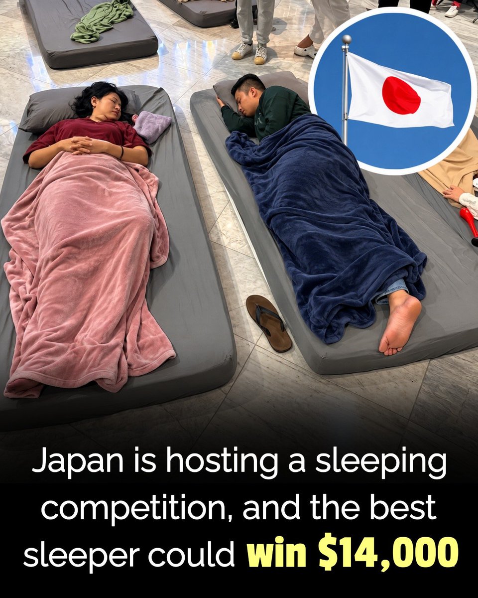 factologist11's tweet photo. Japan is taking nap time to a whole new level! 🇯🇵 A sleeping competition in Tokyo is offering a grand prize of $14,000 for the best sleeper, judged on sleep depth, stability, and speed. 

Tag someone who could easily win this 🏅
#japan
#sleeping 
#viral 
#trending 
#fyp https://t.co/K6IQfQeD8p