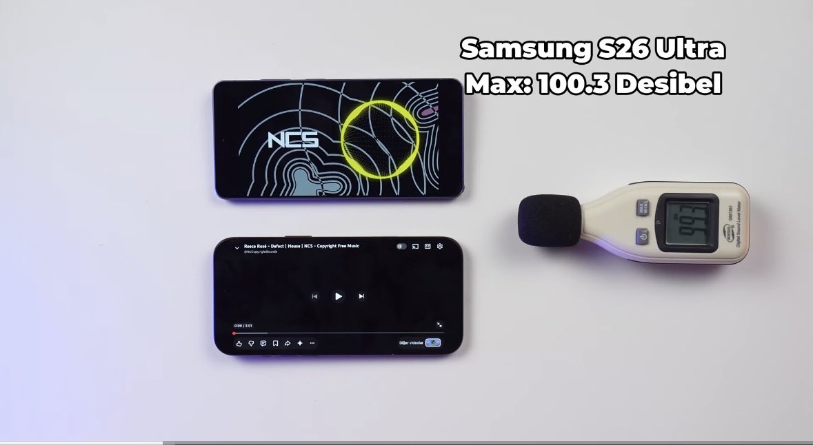 Androiq's tweet photo. Speaker Volume Test! 🔊📱
Samsung S26 Ultra vs. iPhone 18 Pro Max 

🔊 Samsung S26 Ultra: 100.3 dB
🔊 iPhone 18 Pro Max: 97.7 dB

Samsung takes the lead in maximum loudness! 👑 Which one is your favorite? 👇

#Samsung #S26Ultra #Apple #iPhone18ProMax #TechReview #Smartphone https://t.co/XBCe0Zj1tR