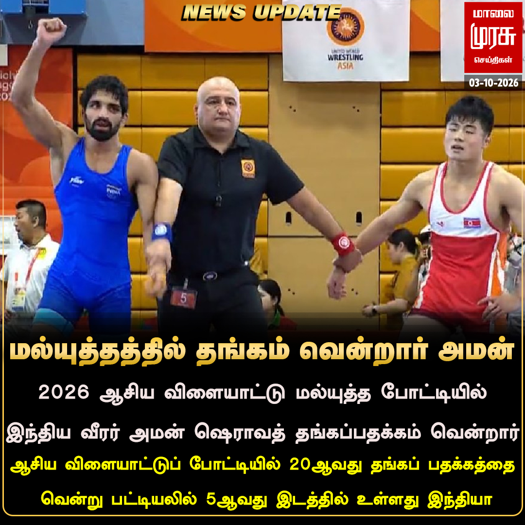 MalaimurasuTv's tweet photo. 57 கிலோ எடை மல்யுத்தத்தில் தங்கம் வென்றார் அமன் 
#Malaimurasu #Newsupdate #AsianGames2026 #GoldieWonderland https://t.co/19pZuEboDy