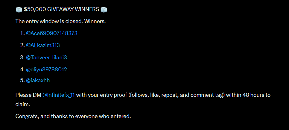 Infinitefx_11's tweet photo. $50,000 GIVEAWAY WINNERS The entry window is closed. Winners:
@Ace690907148373
@Al_kazim313
@Tanveer_Jilani3
@aliyu89788012
@iakaxhh

Please DM @Infinitefx_11
 with your entry proof (follows, like, repost, and comment tag) within 48 hours to claim.
Congrats, and thanks to everyone who entered.