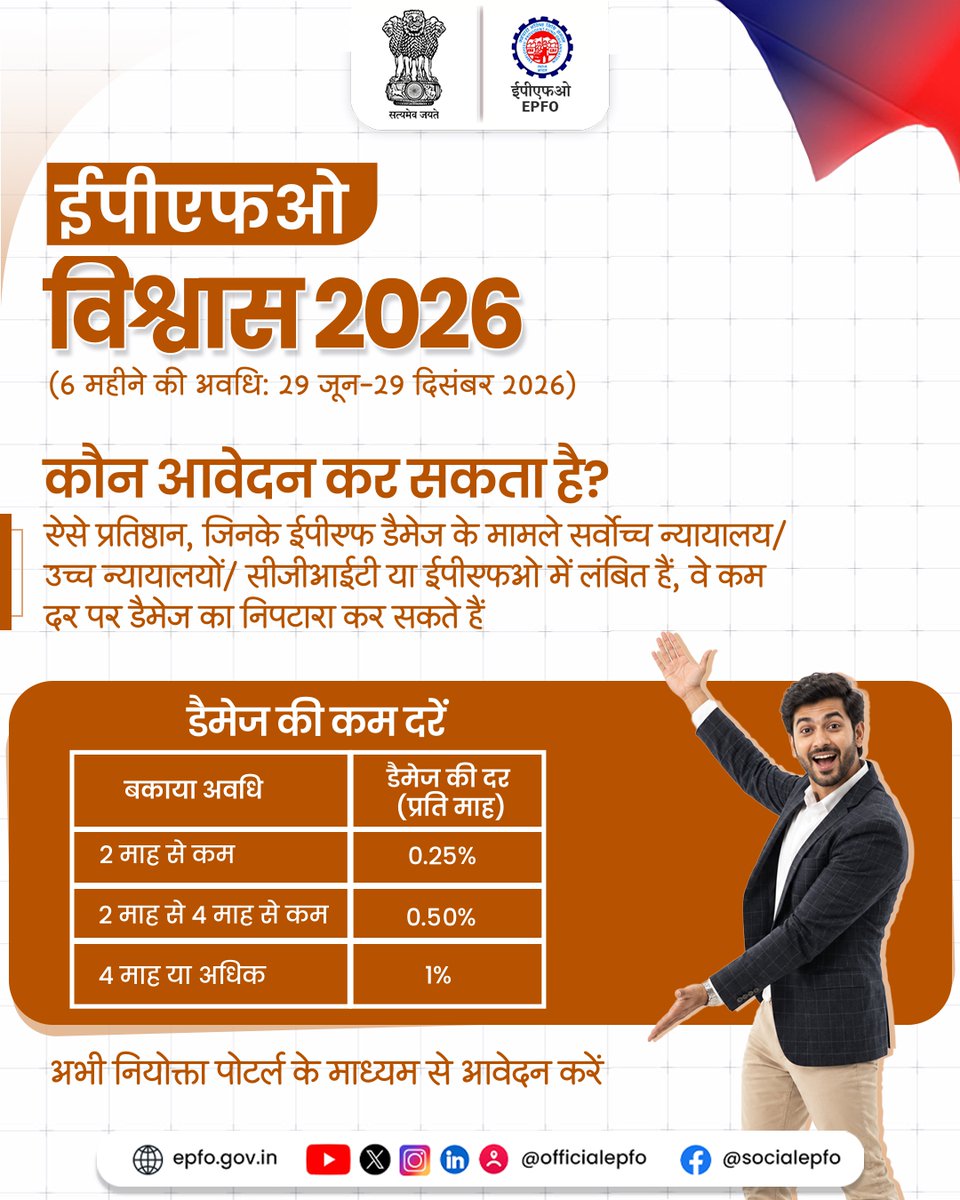 officialepfo's tweet photo. विश्वास 2026 
पात्र प्रतिष्ठानों के लंबित ईपीएफ डैमेज मामलों के निपटान के लिए 29 जून से 29 दिसंबर 2026 तक 6 महीने की अवधि।
पात्र प्रतिष्ठान रियायती दरों पर मामलों के निपटान के लिए आवेदन कर सकते हैं

YouTube लिंक: https://t.co/bAo0KpVssx
#Vishwas2026 #EPFO #EPFOWithYou #HumHainNa https://t.co/7wPSCbrXCh
