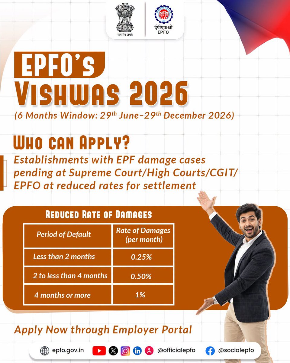 officialepfo's tweet photo. विश्वास 2026 
पात्र प्रतिष्ठानों के लंबित ईपीएफ डैमेज मामलों के निपटान के लिए 29 जून से 29 दिसंबर 2026 तक 6 महीने की अवधि।
पात्र प्रतिष्ठान रियायती दरों पर मामलों के निपटान के लिए आवेदन कर सकते हैं

YouTube लिंक: https://t.co/bAo0KpVssx
#Vishwas2026 #EPFO #EPFOWithYou #HumHainNa https://t.co/7wPSCbrXCh