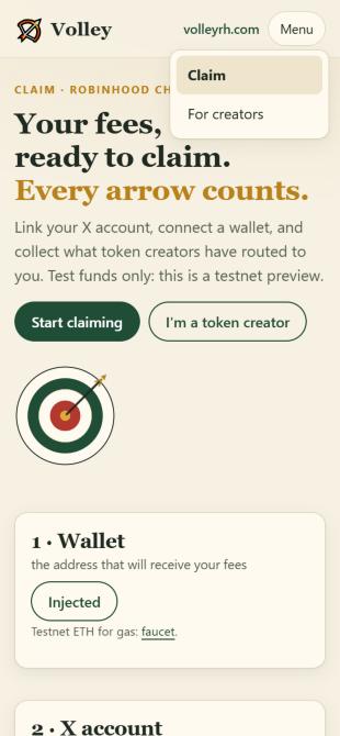 volleyrh's tweet photo. building in public 🏹

the Volley app got its new look:

→ route your Pons creator fees to any X account, split up to 8 ways
→ recipients claim by logging in with X
→ one confirmation to set it all up
live on testnet. mainnet after review. https://t.co/9lDoZRdu6k