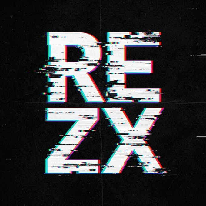 A digital glitch art graphic displays the letters "RE" above "ZX" in a white, distorted font with chromatic aberration against a black background.