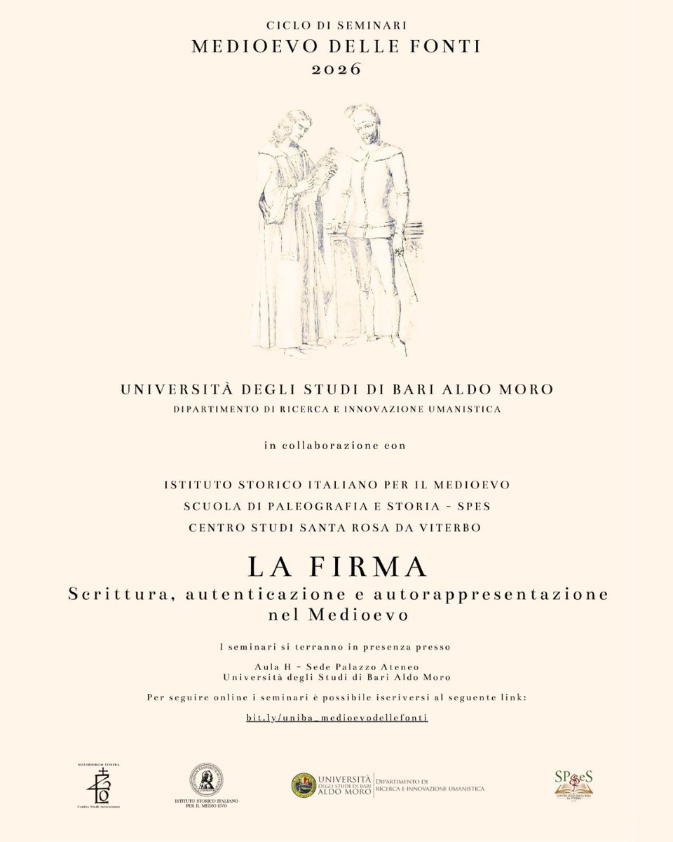 CSSRV's tweet photo. Anche quest’anno siamo lieti di segnalare il ciclo di seminari “Medioevo delle fonti”.

📍 Sarà possibile partecipare in presenza presso l’Aula H del Palazzo Ateneo dell’Università di Bari, oppure seguire online iscrivendosi al link:
👉 https://t.co/VlUUDEBw48

Vi aspettiamo! https://t.co/1jGERjuHdd