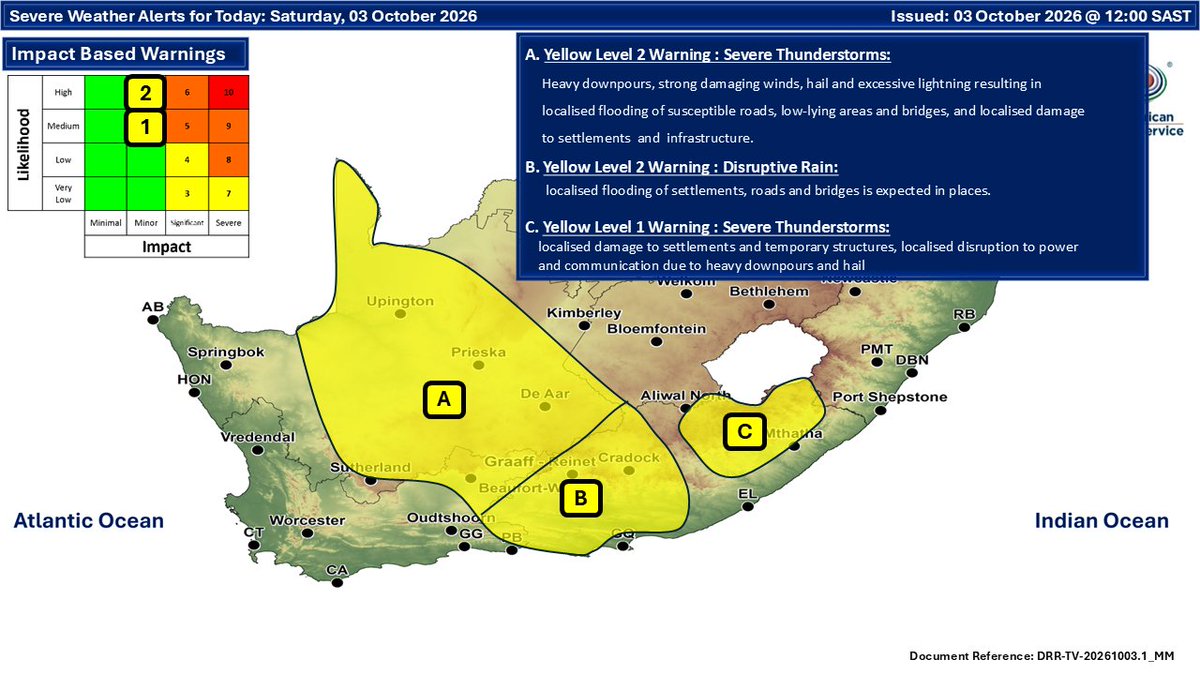 SAWeatherServic's tweet photo. Weather forecast for today and tomorrow: 03 - 04 October 2026. Partly cloudy and warm conditions are expected, with isolated to scattered showers and thunderstorms possible over the central and eastern parts of the RSA. It will be cool in places in the southern parts of the RSA. https://t.co/eSuMky1xtH