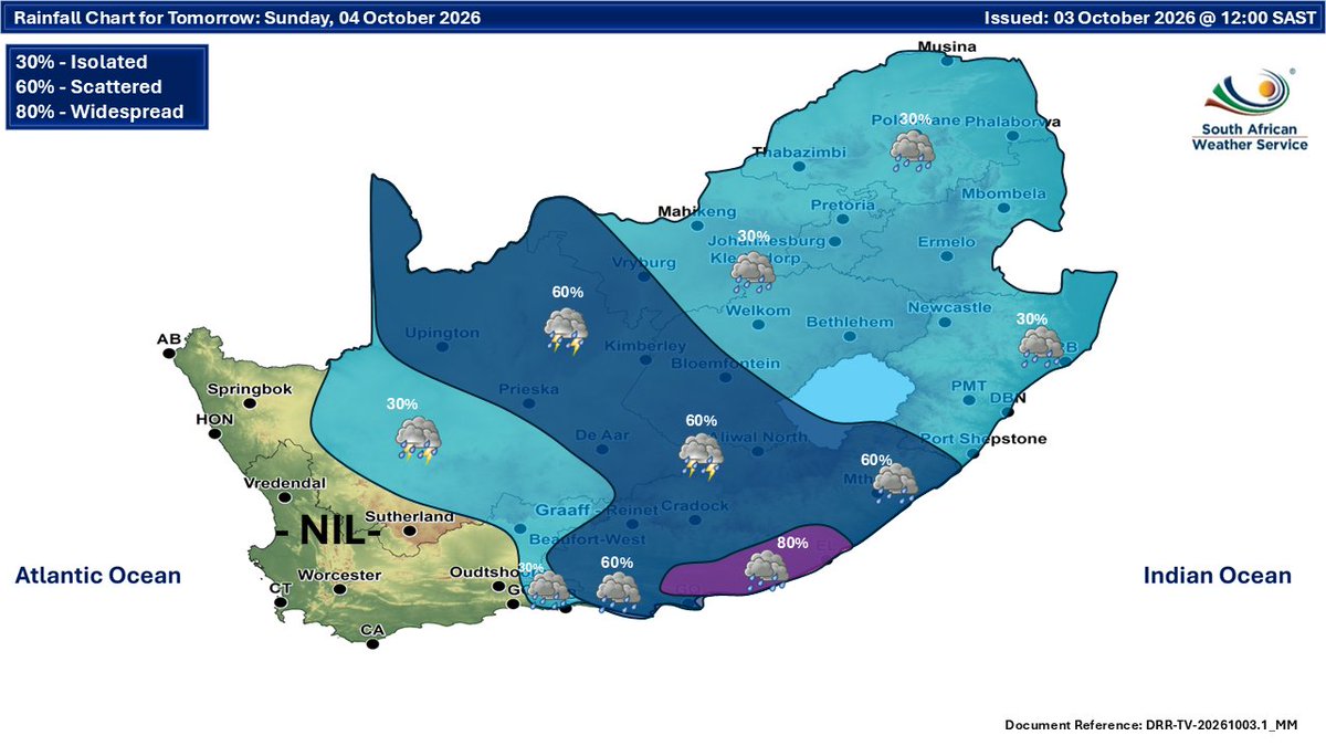 SAWeatherServic's tweet photo. Weather forecast for today and tomorrow: 03 - 04 October 2026. Partly cloudy and warm conditions are expected, with isolated to scattered showers and thunderstorms possible over the central and eastern parts of the RSA. It will be cool in places in the southern parts of the RSA. https://t.co/eSuMky1xtH